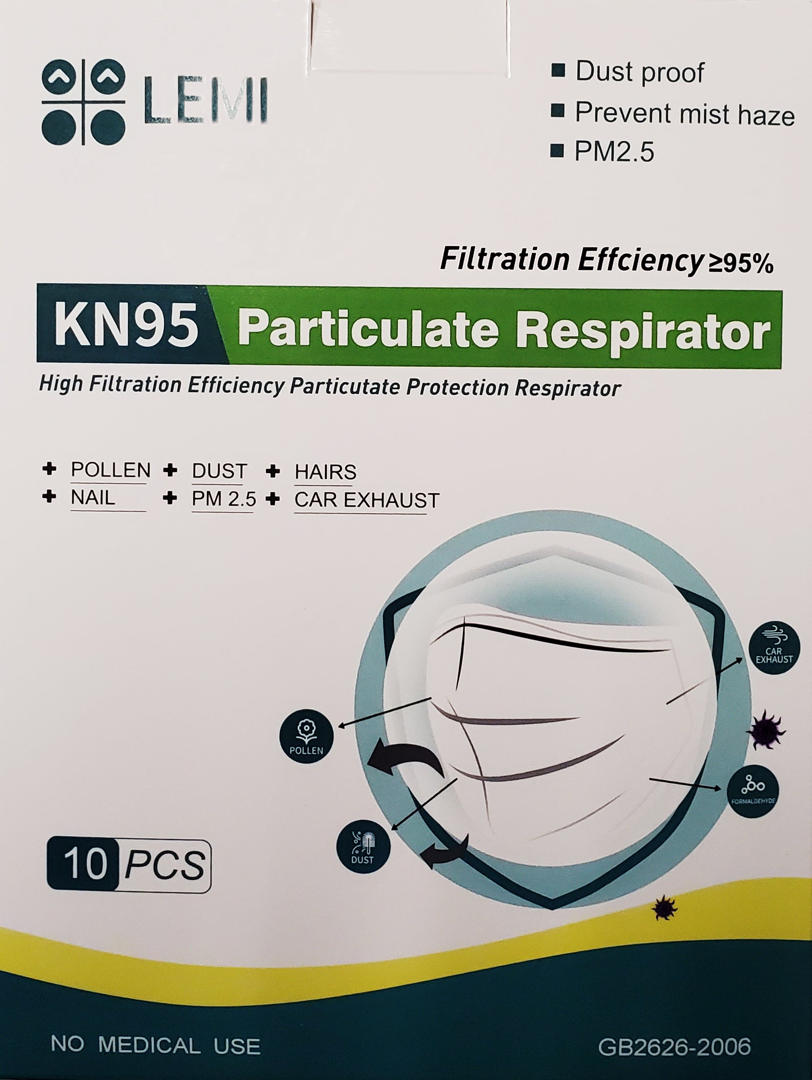 Lemi GB2525-2006 High Filtration KN95 Particulate Respirator Masks 95% 10/Pk Lemi GB2525-2006 High Filtration KN95 Particulate Respirator Masks 95% 10/Pk